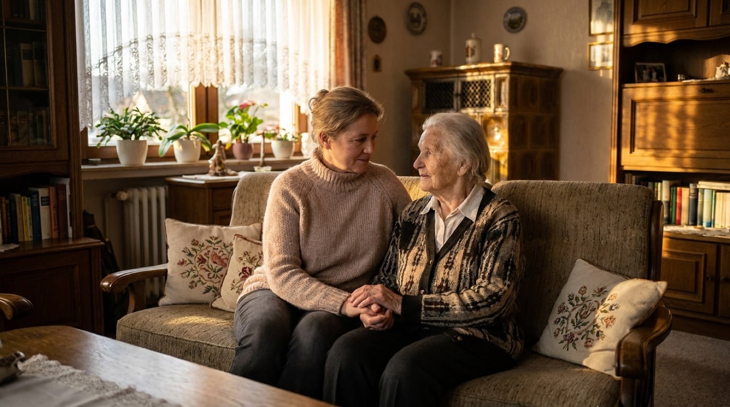 Ältere Frau und Angehörige sitzen vertraut nebeneinander auf einem Sofa im Wohnzimmer