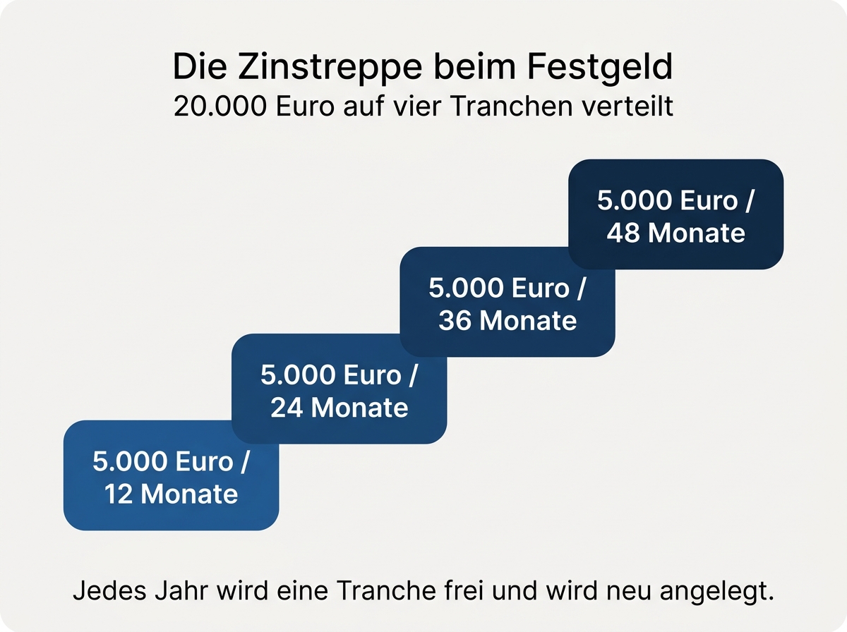 Infografik zur Zinstreppe beim Festgeld mit vier Tranchen und Laufzeiten von 12 bis 48 Monaten