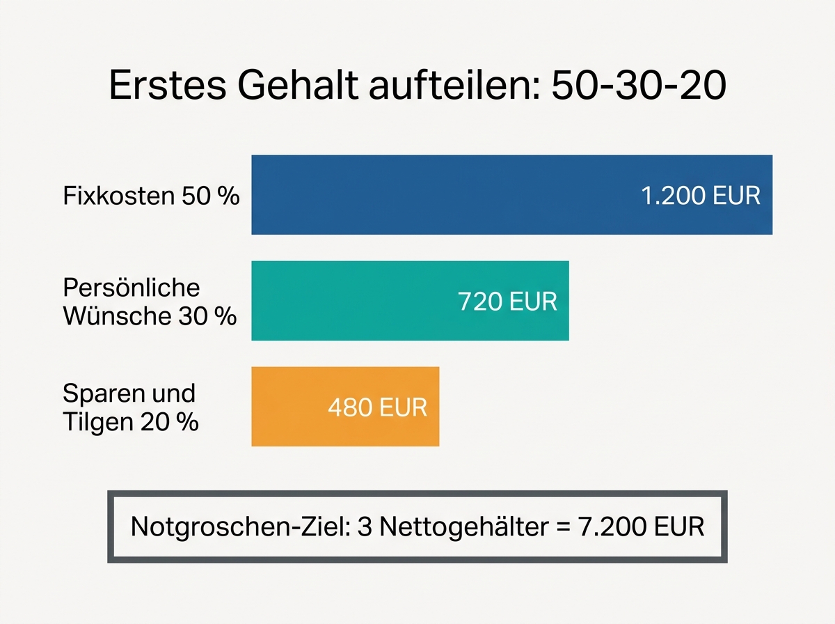 Infografik zur Aufteilung des ersten Gehalts nach der 50-30-20-Regel