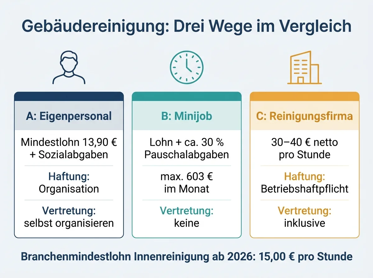 Infografik: Gebäudereinigung Kosten im Vergleich von Eigenpersonal, Minijob und Reinigungsfirma