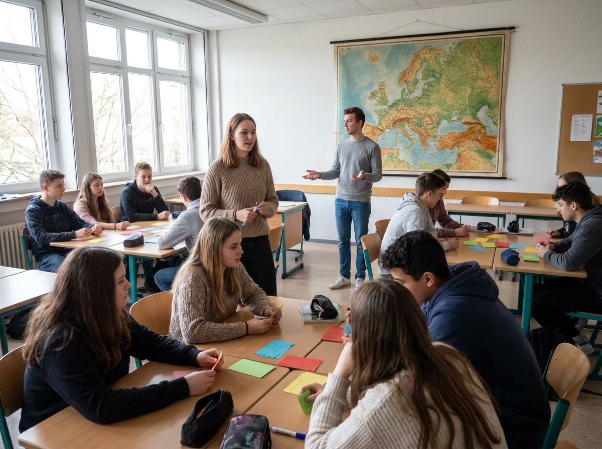 Workshop mit Jugendlichen zu Europa in einem Klassenzimmer