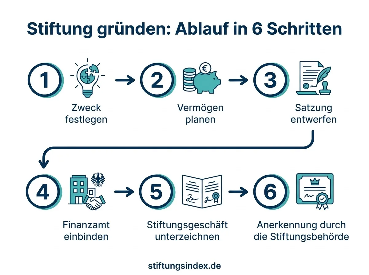 Infografik: Stiftung gründen, Ablauf in sechs Schritten