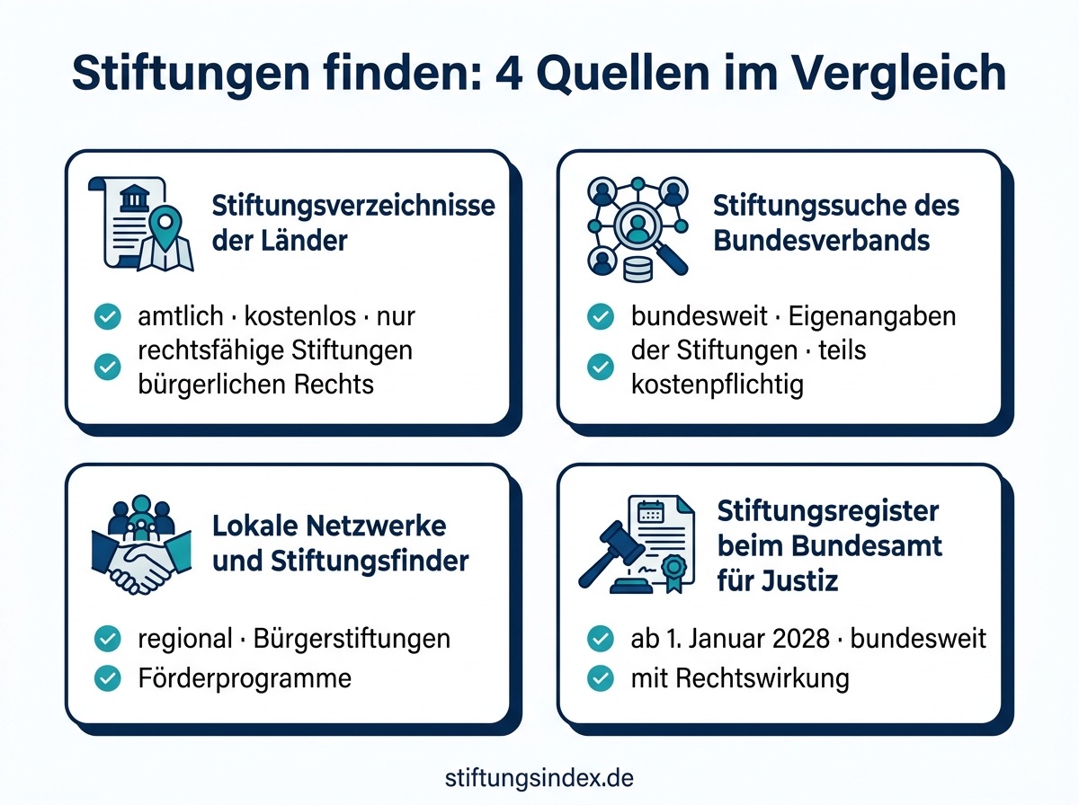 Infografik: Stiftungen finden, vier Quellen im Vergleich