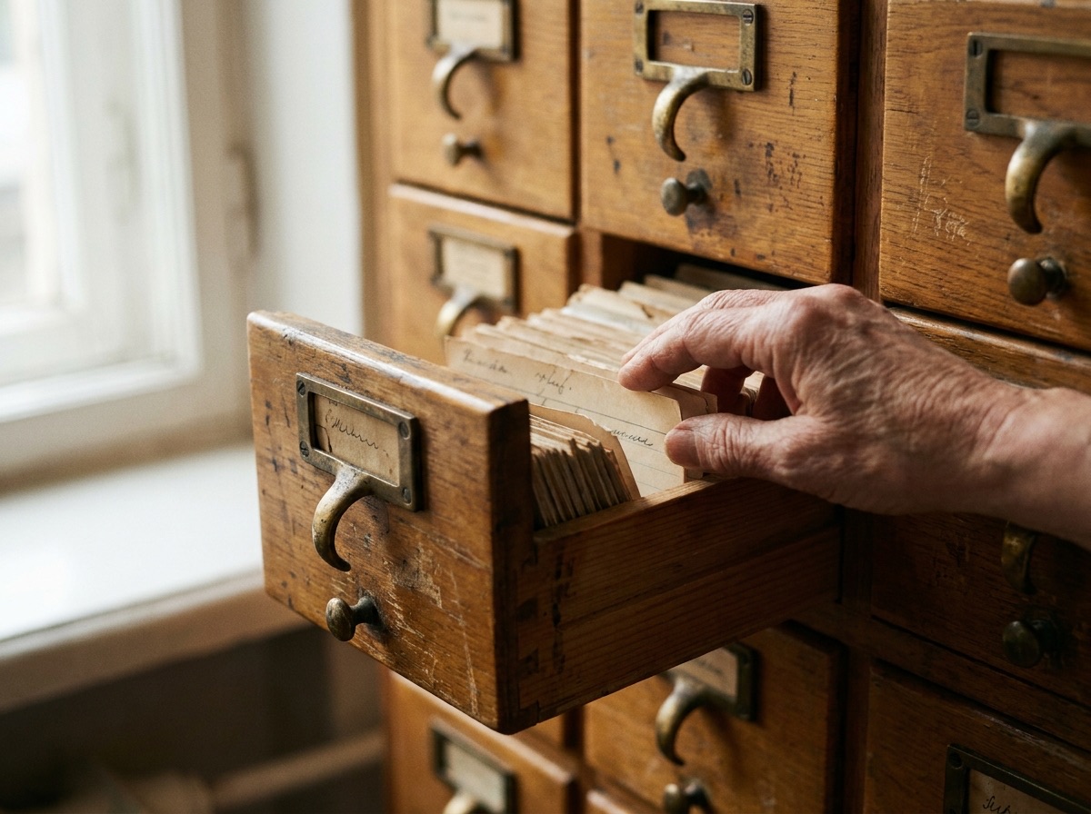 Karteikasten mit Karteikarten in einem alten Archiv