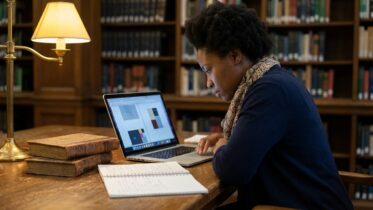 Frau recherchiert in einer Bibliothek am Laptop nach Stiftungen