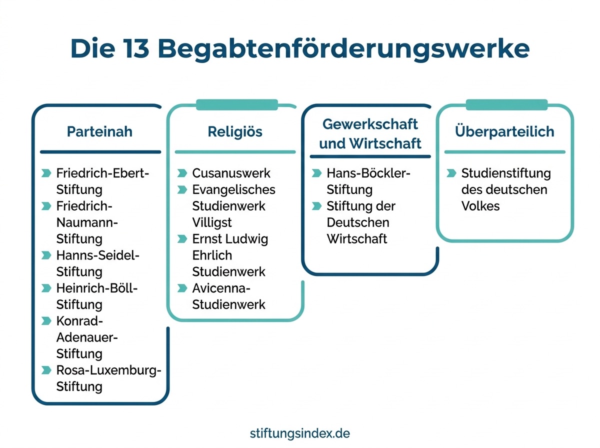 Infografik: die 13 Begabtenförderungswerke nach Ausrichtung gruppiert