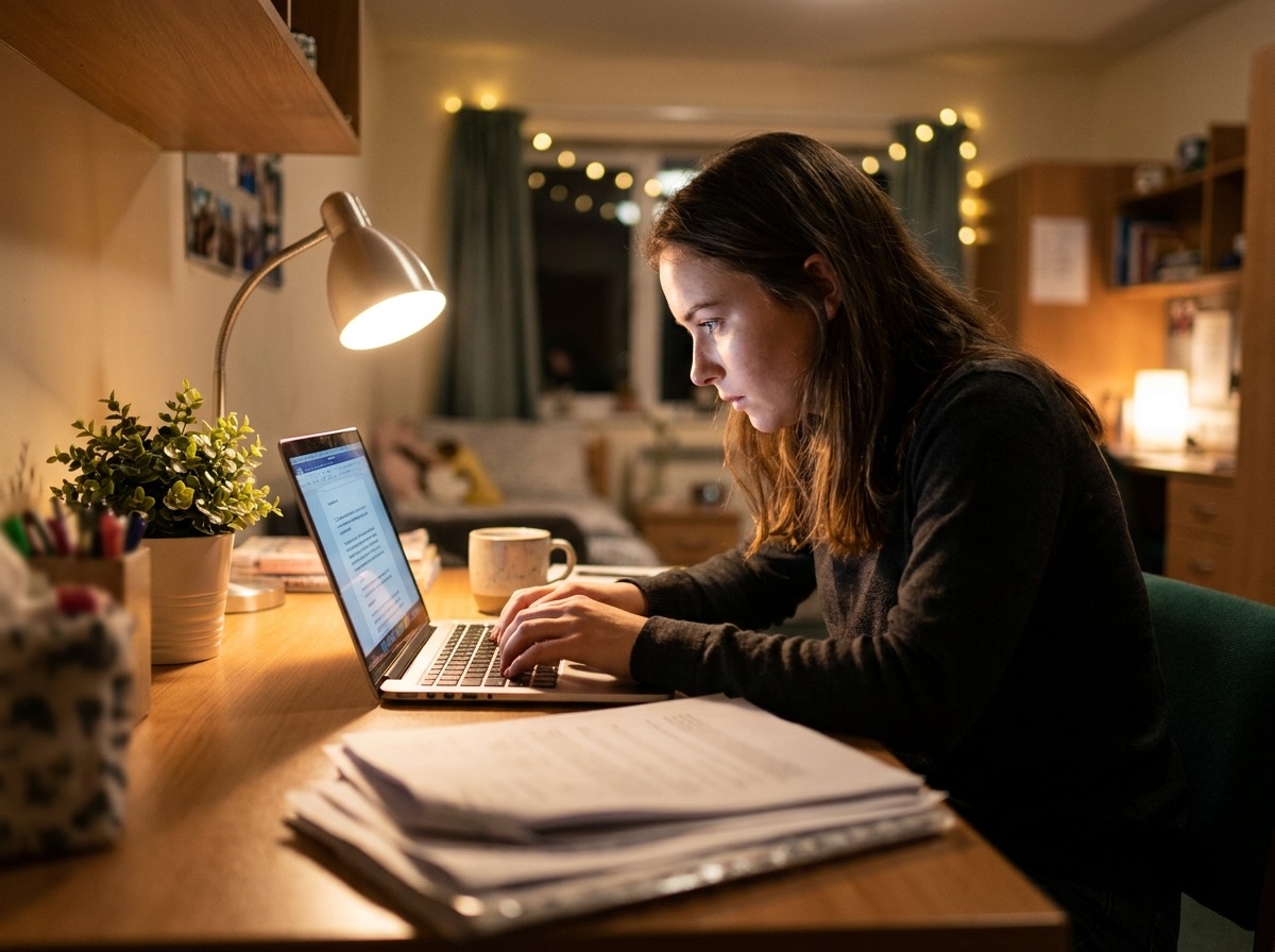 Studentin schreibt am Laptop eine Bewerbung für ein Stipendium