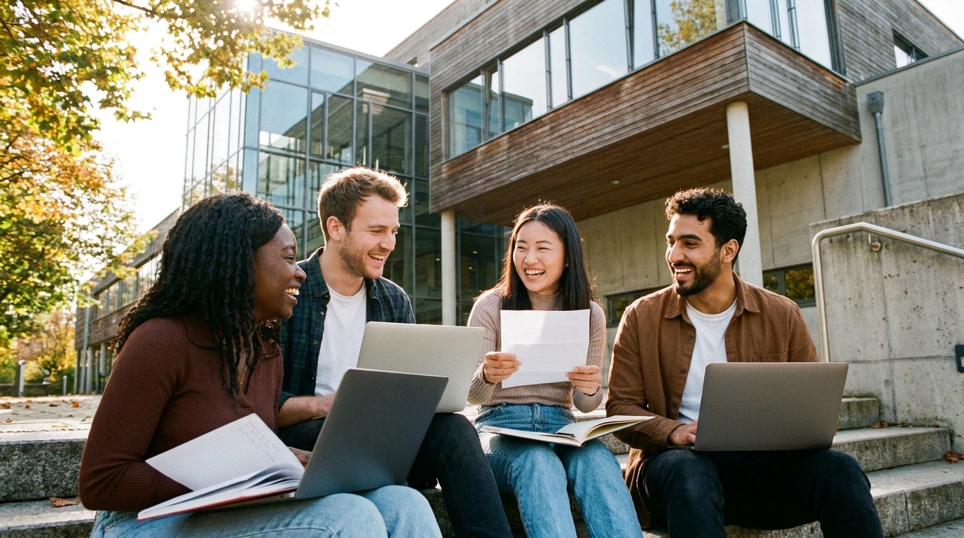 Studierende sitzen mit Laptops auf den Stufen vor einer Universität