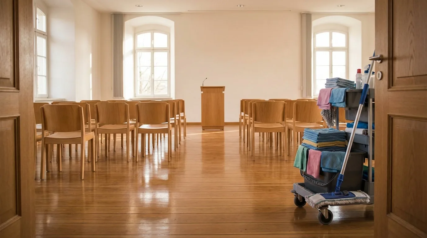 Gereinigter Seminarraum einer Stiftung mit Stuhlreihen und Reinigungswagen im Morgenlicht