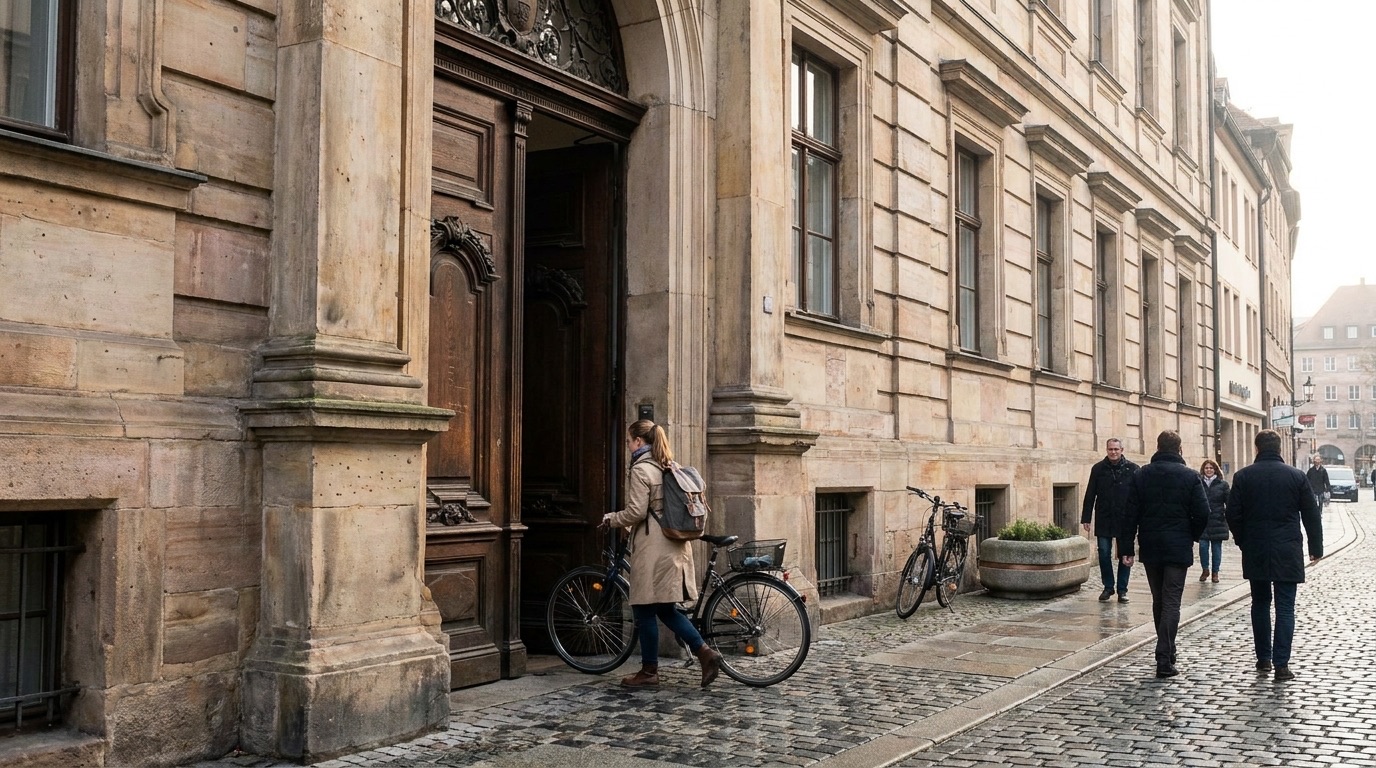 Eingang eines historischen Stiftungsgebäudes in einer deutschen Stadt